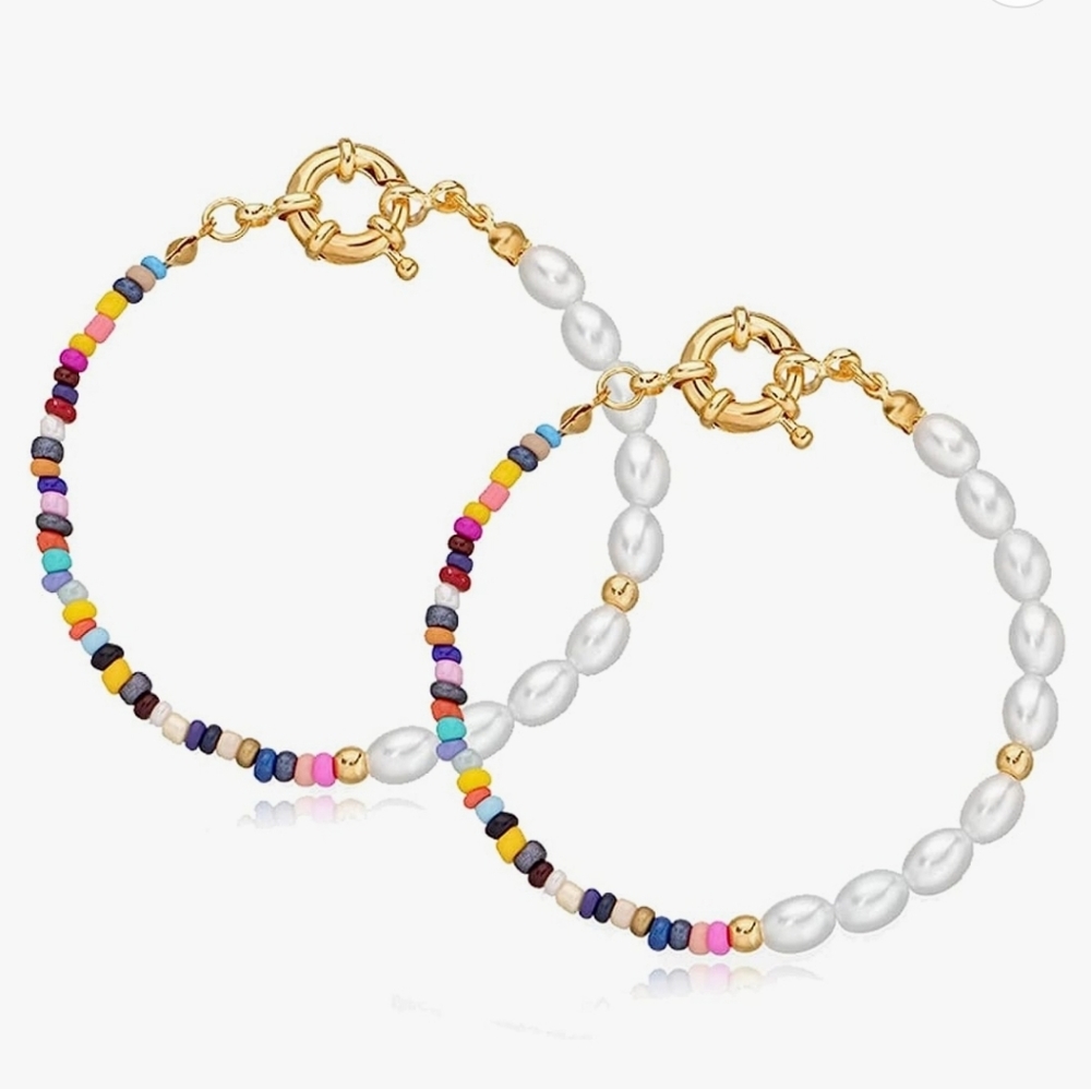 Dtja 2 Pcs Boho Pearl Bead Bracelets Set for Women Girls Layered Bohemian